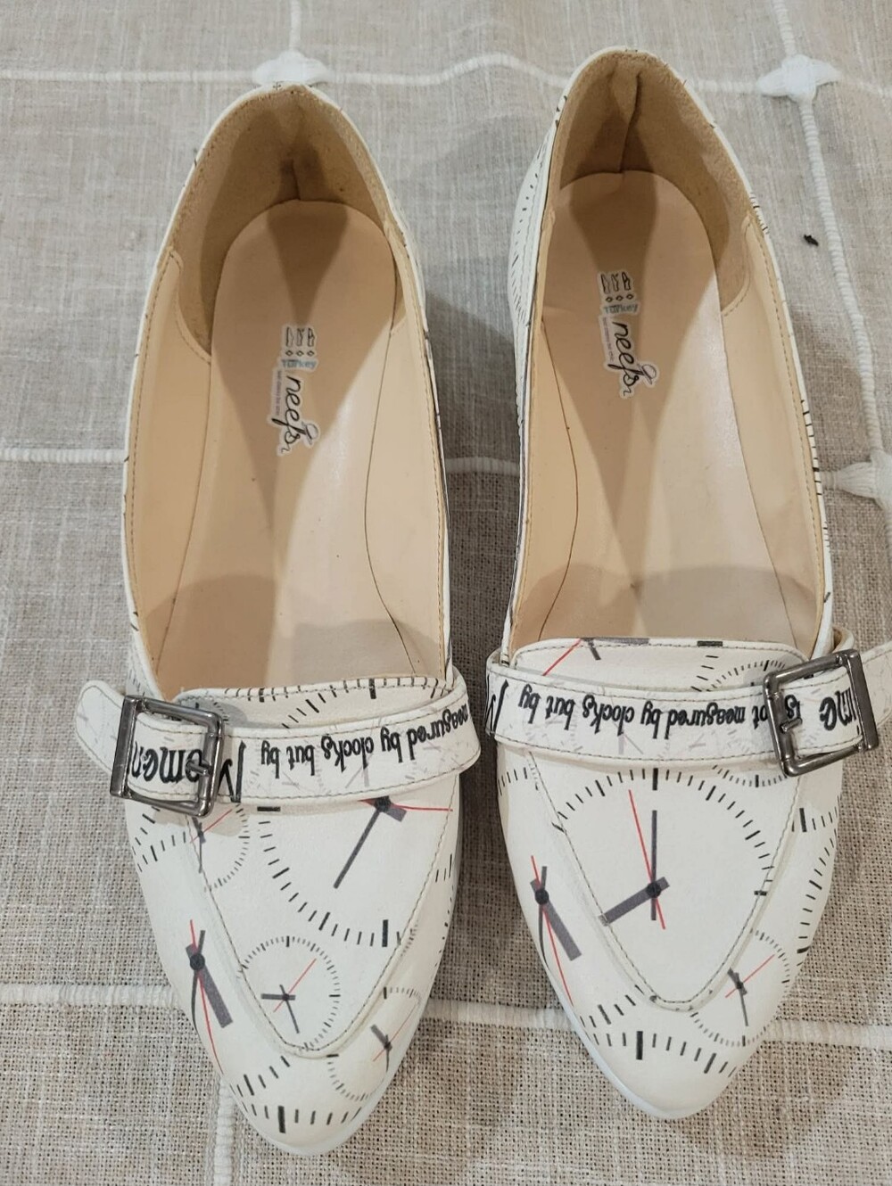 Women's Cream Pointed Toe Buckle Flats - Neefs Clock Print Loafer 9